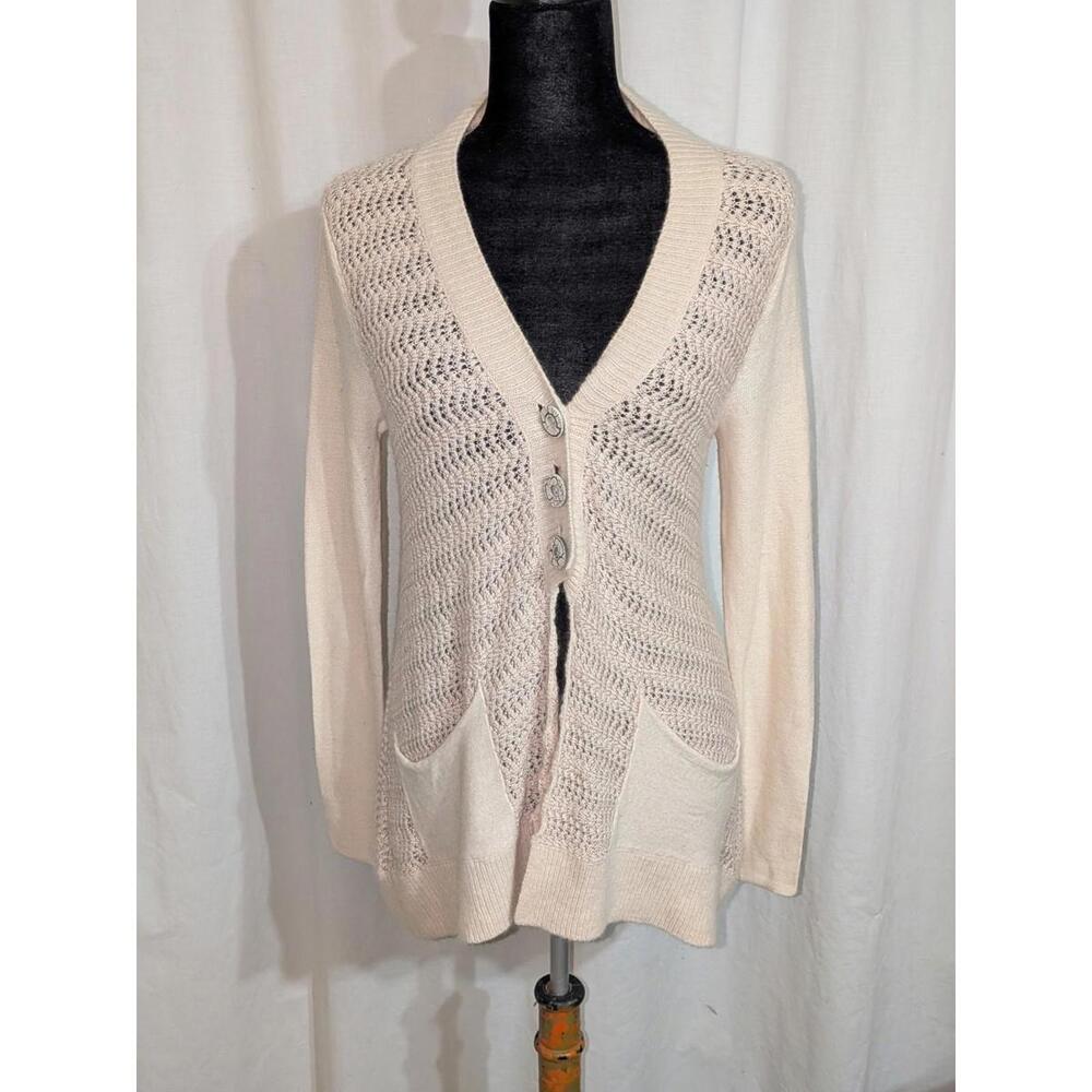 Free People Pastel Pink Metallic Sparkly Crochet Wool Blend Cardigan Sweater SP
